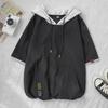 Kapuzenpullover im japanischen Stil, lockere Passform, kurzärmelig, mit Kängurutasche