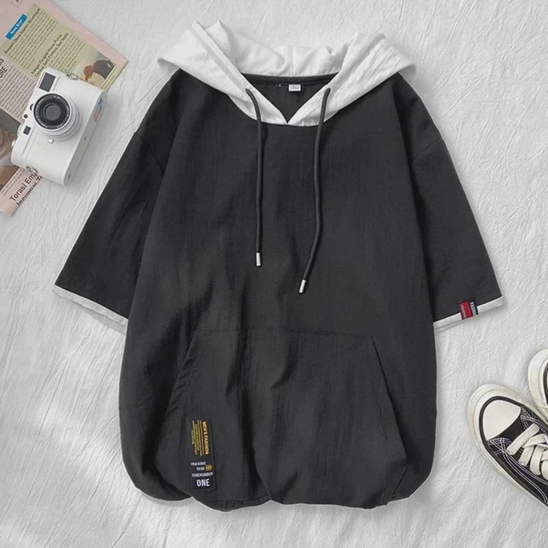 Kapuzenpullover im japanischen Stil, lockere Passform, kurzärmelig, mit Kängurutasche
