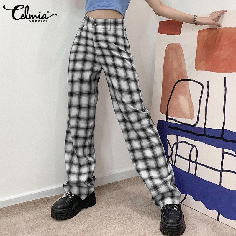 

Celmia Spring Женский клетчатый высокий талия Широкая нога Свободные длинные брюки