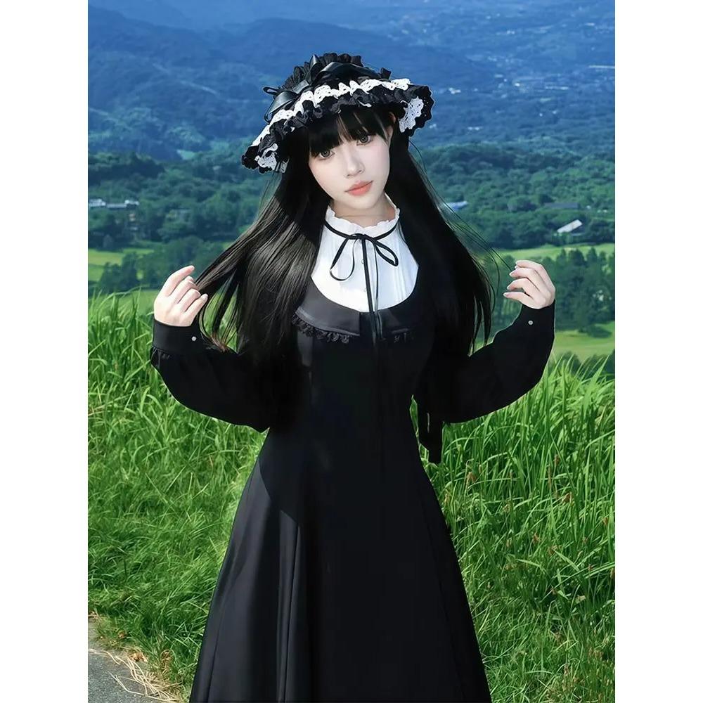 Vintage Balck Y2k Midi Dress Sweet Harajuku Gothic Long Sleeve Dress Autumn Winter A Line Lace Dress Women Korean Fashion