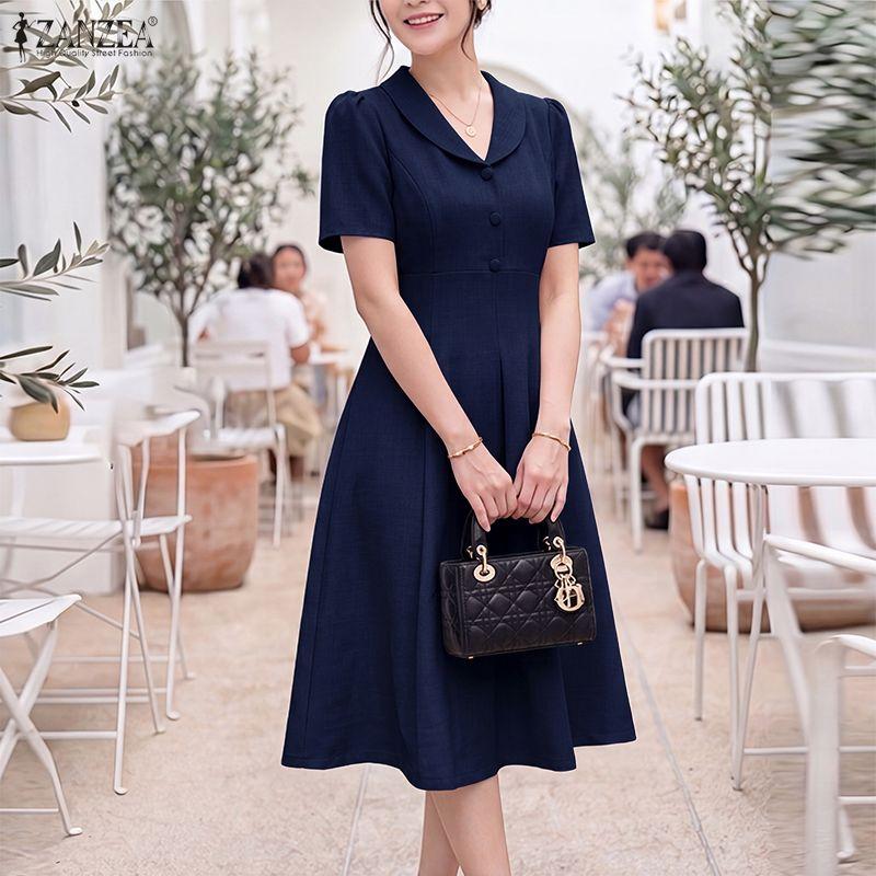 ZANZEA Elegant Women Turn Down Collar Casual Short Sleeve Dress