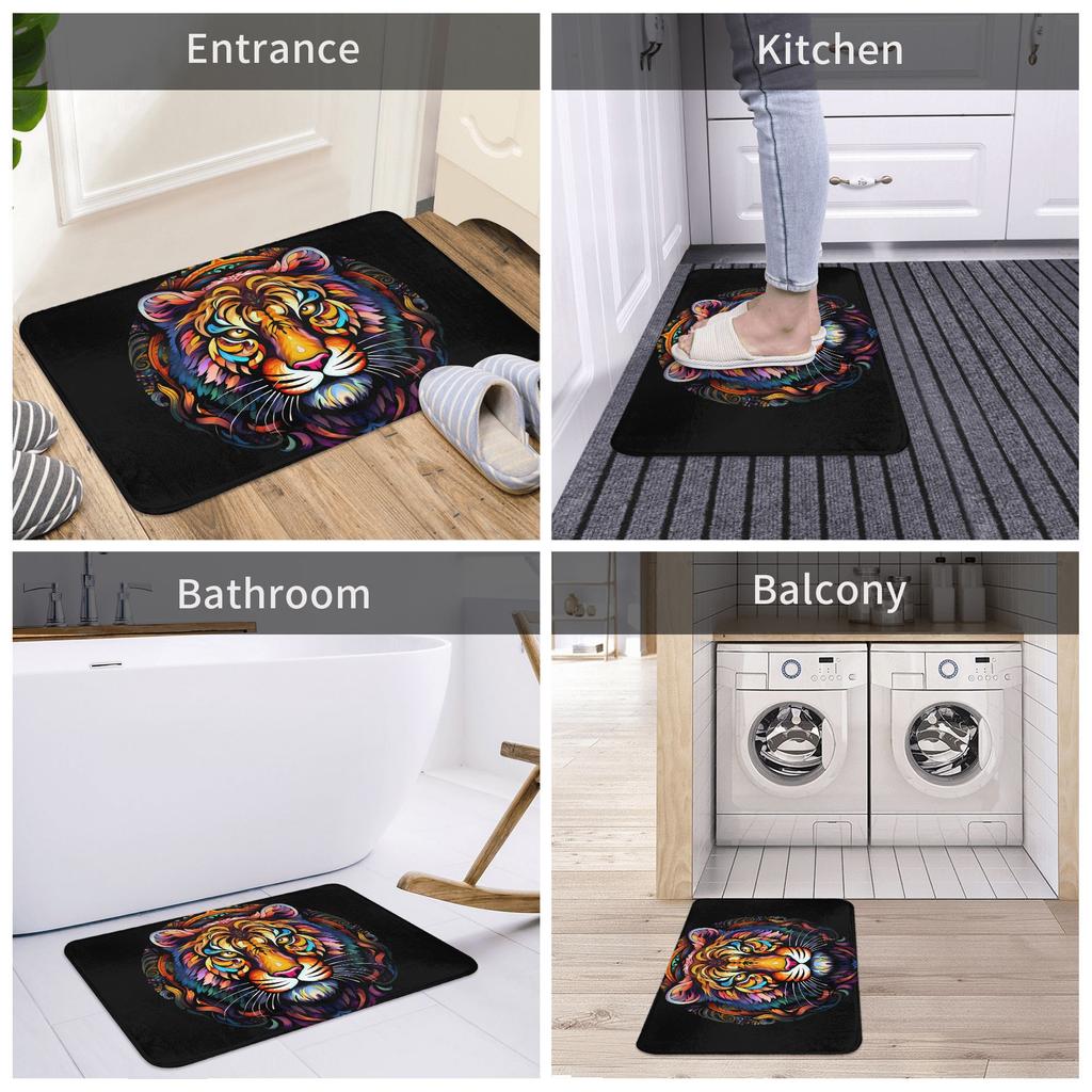 Psychedelic Tiger Head Doormat Black Background Printed Polyester Machine Washable Entrance Floor Mat