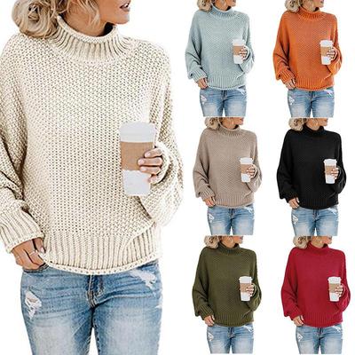 Women's Autumn Winter High Collar Casual Knitted Pullover Sweater Fashion Coarse Lines Loose Long Sleeve Keep Warm Pullover Sweater