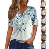 Women Fashion Casual Floral Print V Neck Short Sleeve Top with Decorative Button Loose Fit Lightweight T Shirt Blouse