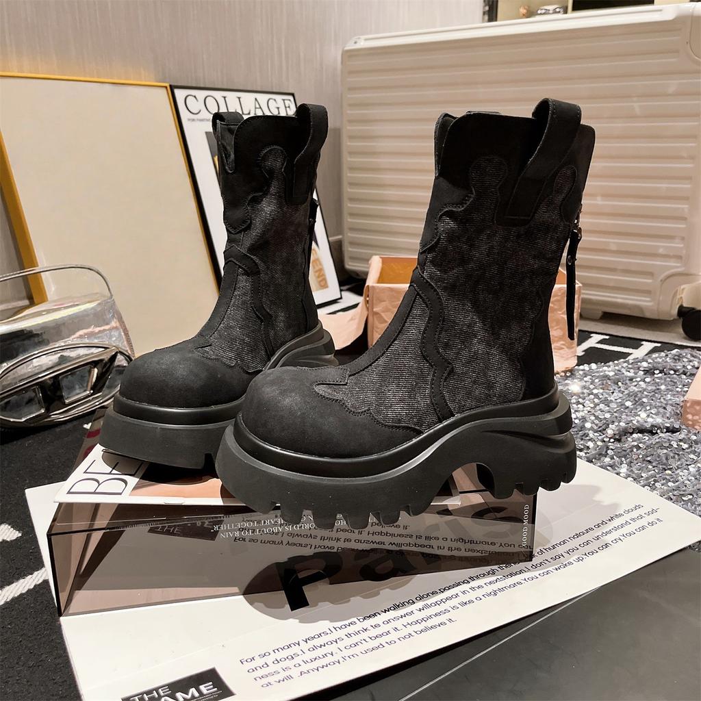 Niche Round-headed Short Boots for Women's 2025 Autumn New Ethnic Style Big-headed Thick-soled Denim Fashion Popular Martin Boots