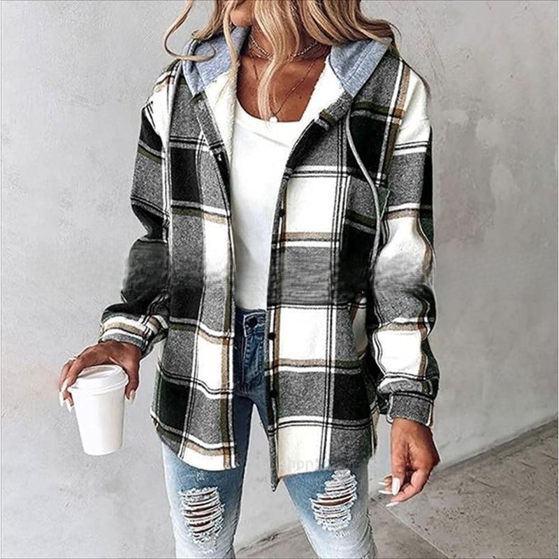 TIFICY Women's Fashion Casual Plaid Print Autumn Winter Long Sleeve Hooded Jackets & Coats