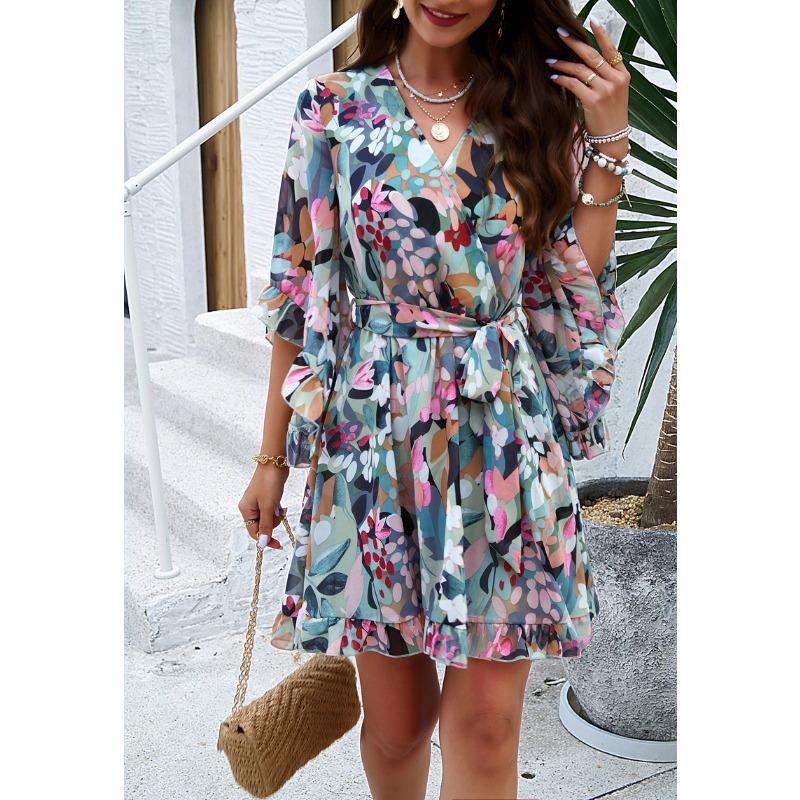 Women's Summer Vacation Casual Printed Lace-up Chiffon Dress