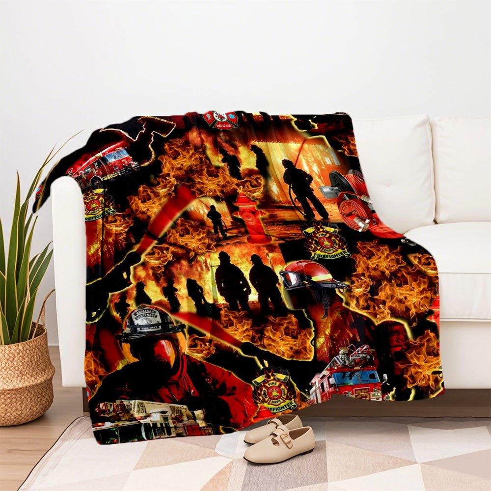 Firefighter Fireman Rescue Truck Helmet Hydrant Badge Print Fabric PanelBlanket Flannel Throw Blanket for Sofa, Bed, Travel, Camping, Office