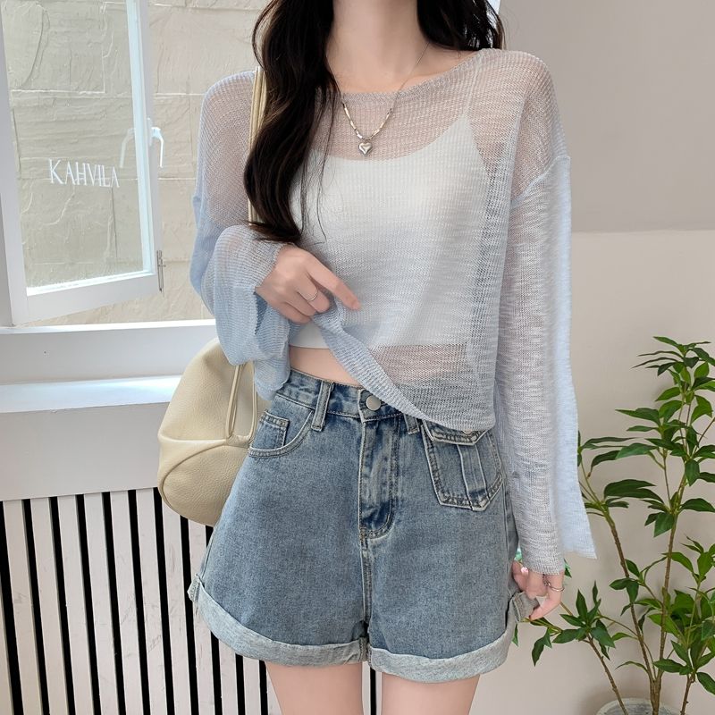White Ice Silk Short Knit Sun Protection Cardigan Women's Summer Pullover Slim Thin Elegant Outer Wear Mesh Hollow Out Top