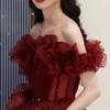 Design Toast Bride 1011 New Summer Red Evening Dress One-word Shoulder Light Luxury Large Size Fat Mm