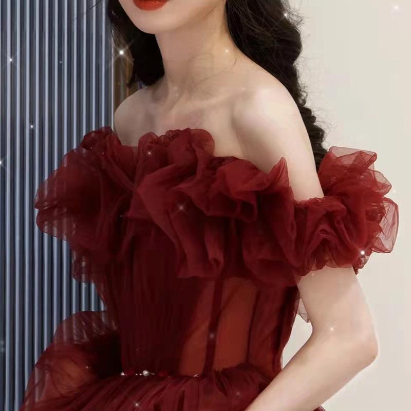 Design Toast Bride 1011 New Summer Red Evening Dress One-word Shoulder Light Luxury Large Size Fat Mm