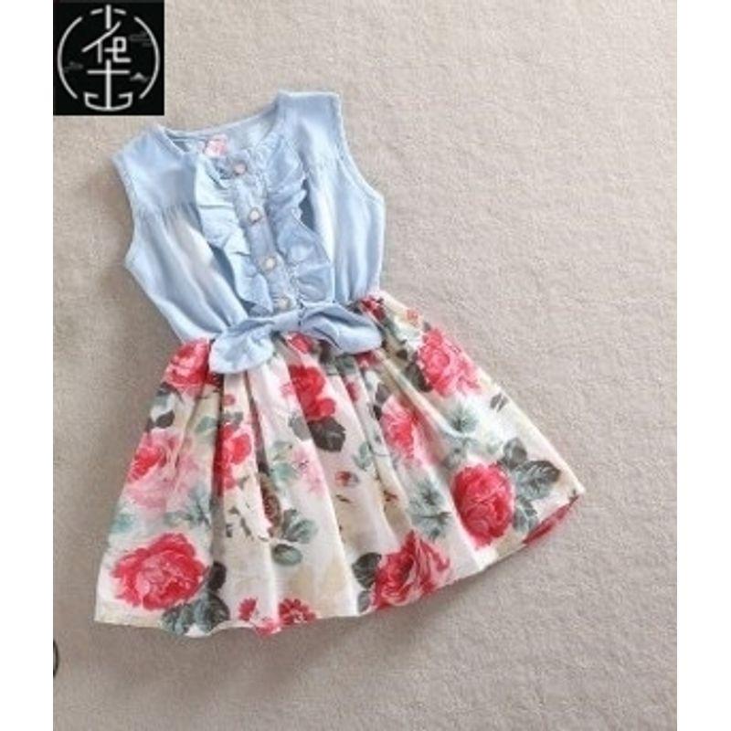 

Girls Kids Children Baby Dress Summer Dresses Cotton Clothes Denim white flowers 120((120))