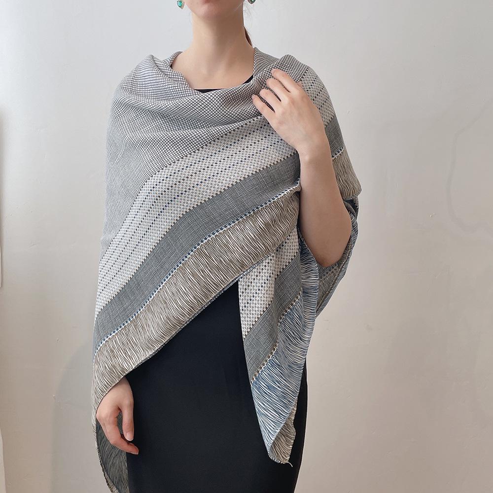 Japanese Style Checkered Linen Cotton Shawl Scarf for Women, 130x130cm - Warm Retro Literary Design