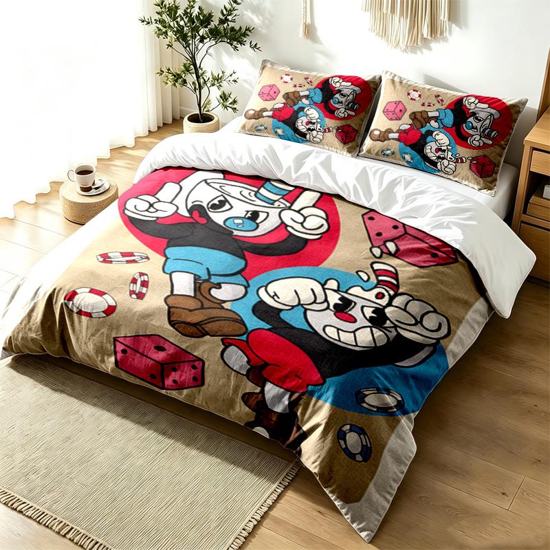 Sada povlečení Cuphead 3dílná Jednoduchá moderní sada povlečení Mačkavé odolná měkká tkanina Pro celoroční použití perfektní dárek