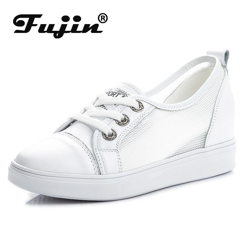 

Fujin/Новинка 5 см, женские летние кроссовки из натуральной кожи на сетчатой ​​платформе, массивные кроссовки на танкетке, модная поддерживающая обувь на скрытом каблуке