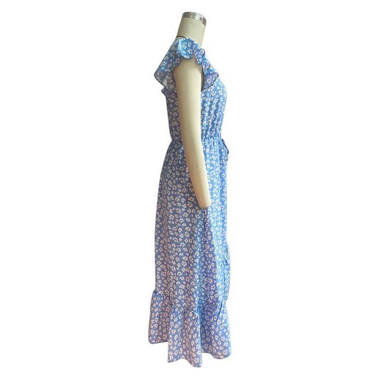 Floral Print High Waist V Neck Dress with Irregular Flying Sleeve for Women