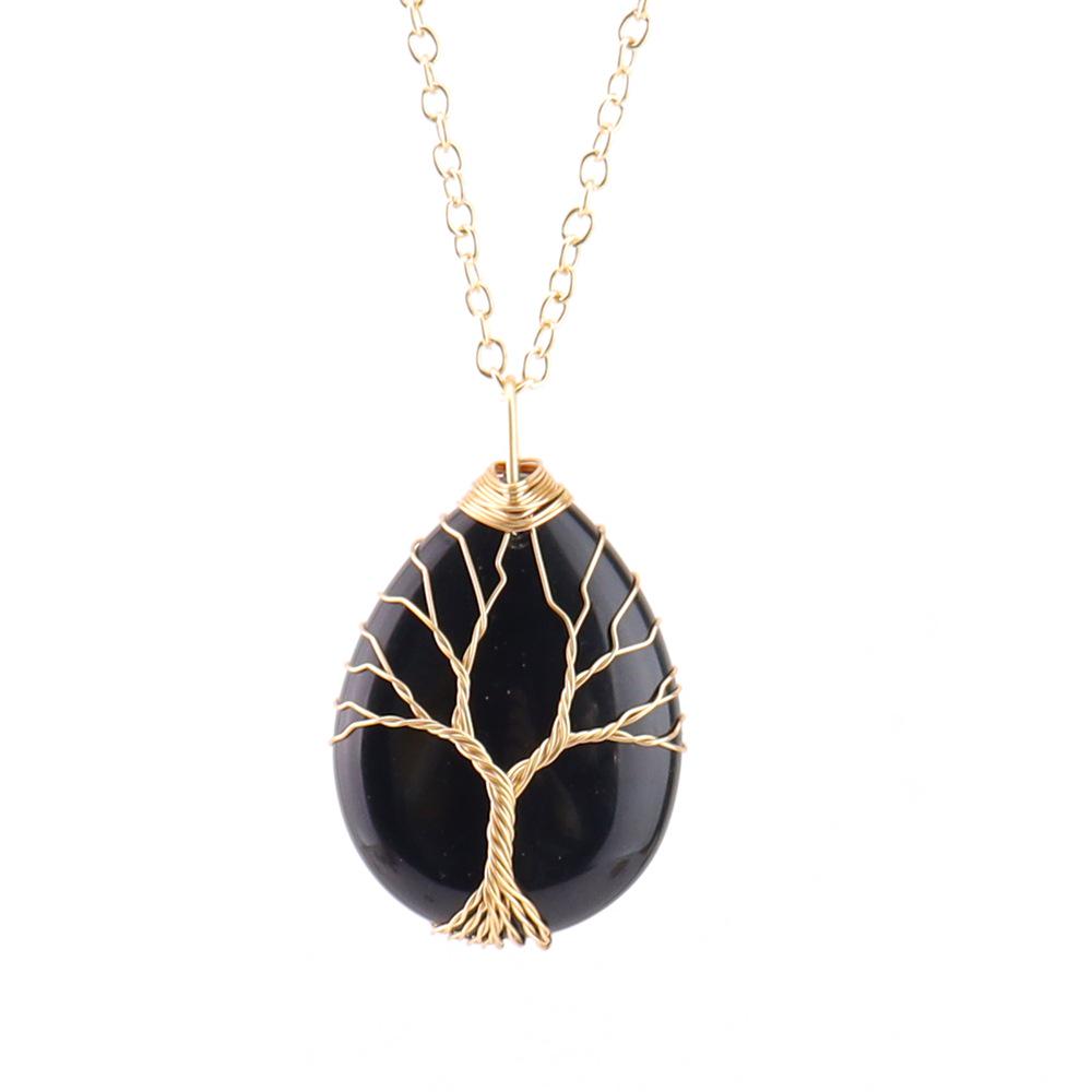 Natural Crystal Water Drop Leaf & Tree of Life Pendant Necklace for Women, Alloy Woven Jewelry Accessory N749