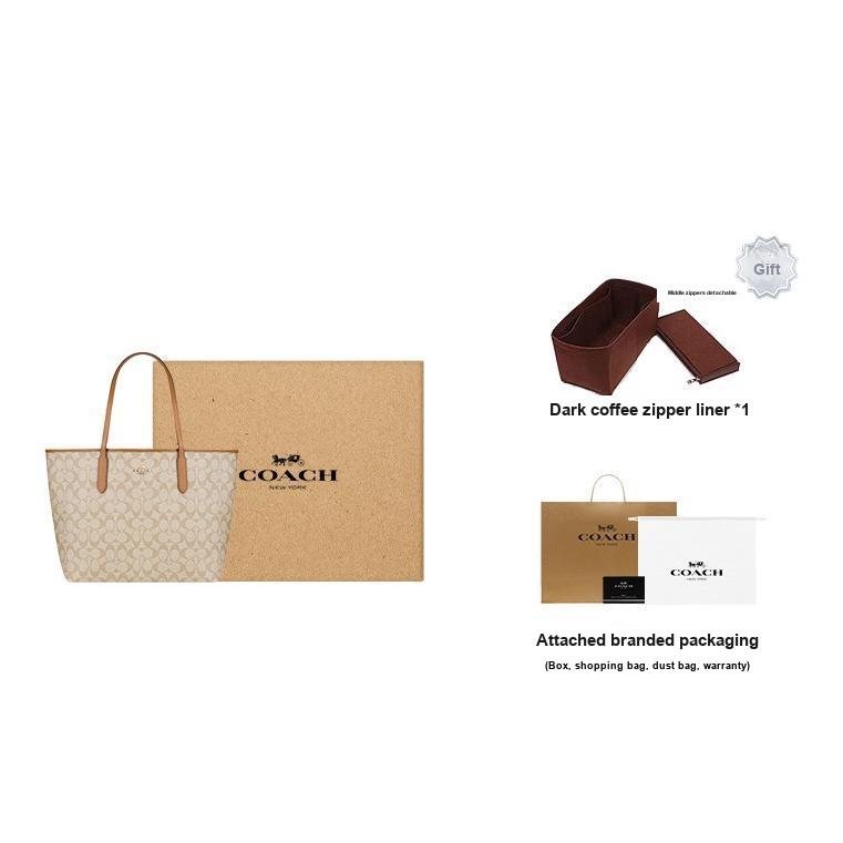 New COACH City Coated Canvas With Leather Tote Bag Shopping Bag Shoulder Bag Handbag Women's Milk Tea Beige 5696-IMNLJ