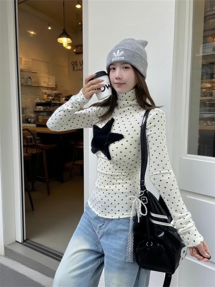 Women's American Retro Polka Dot High Neck Long Sleeve T-shirt - Korean Style Sweet Age-Reducing Collar Base Layer Top for Autumn/Winter