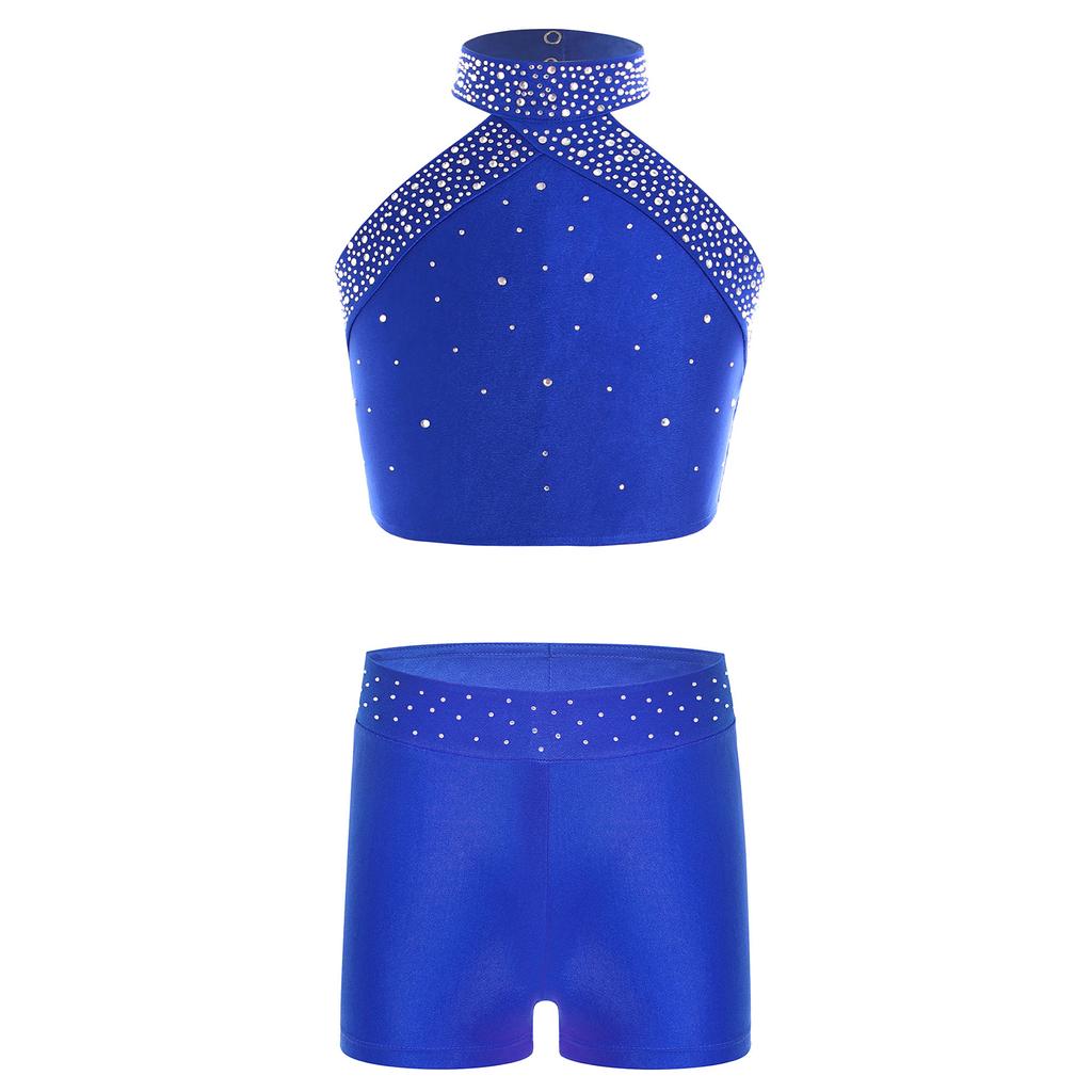 Girls Dance Wear Set Halter Neck Sleeveless Vest Backless Cross Design Rhinestone Waistband Shorts