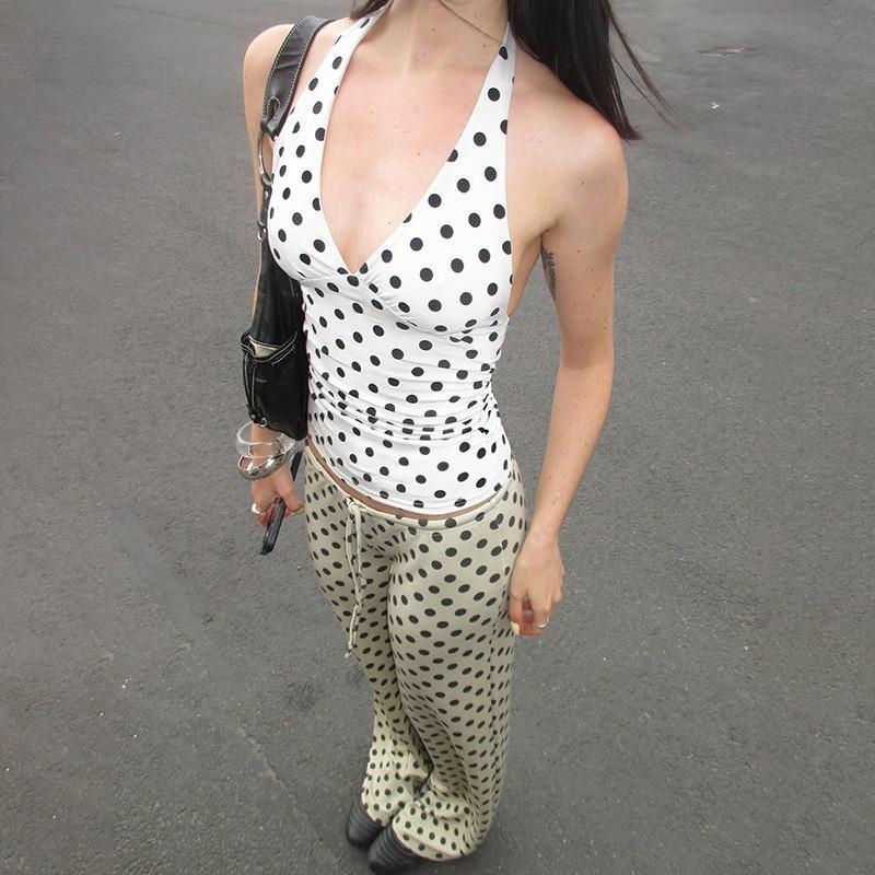 New Polka Dots Halter Neck Tank Tops Women Sexy Low-Neck Vest Slim Fit Off Shoulders Backless Short Tops Street Fashion Sexy Ruched Elegant Outfits