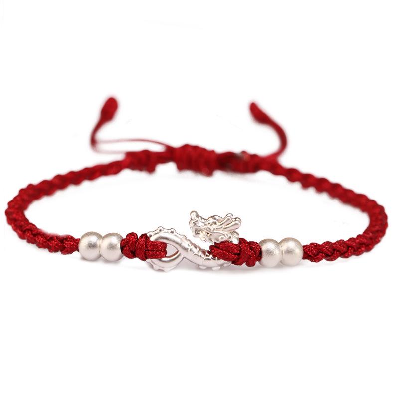 Sterling Silver Dragon Hook Red Rope Bracelet for Women & Men, Zodiac-Themed Woven Bangle with Pure Silver Bead