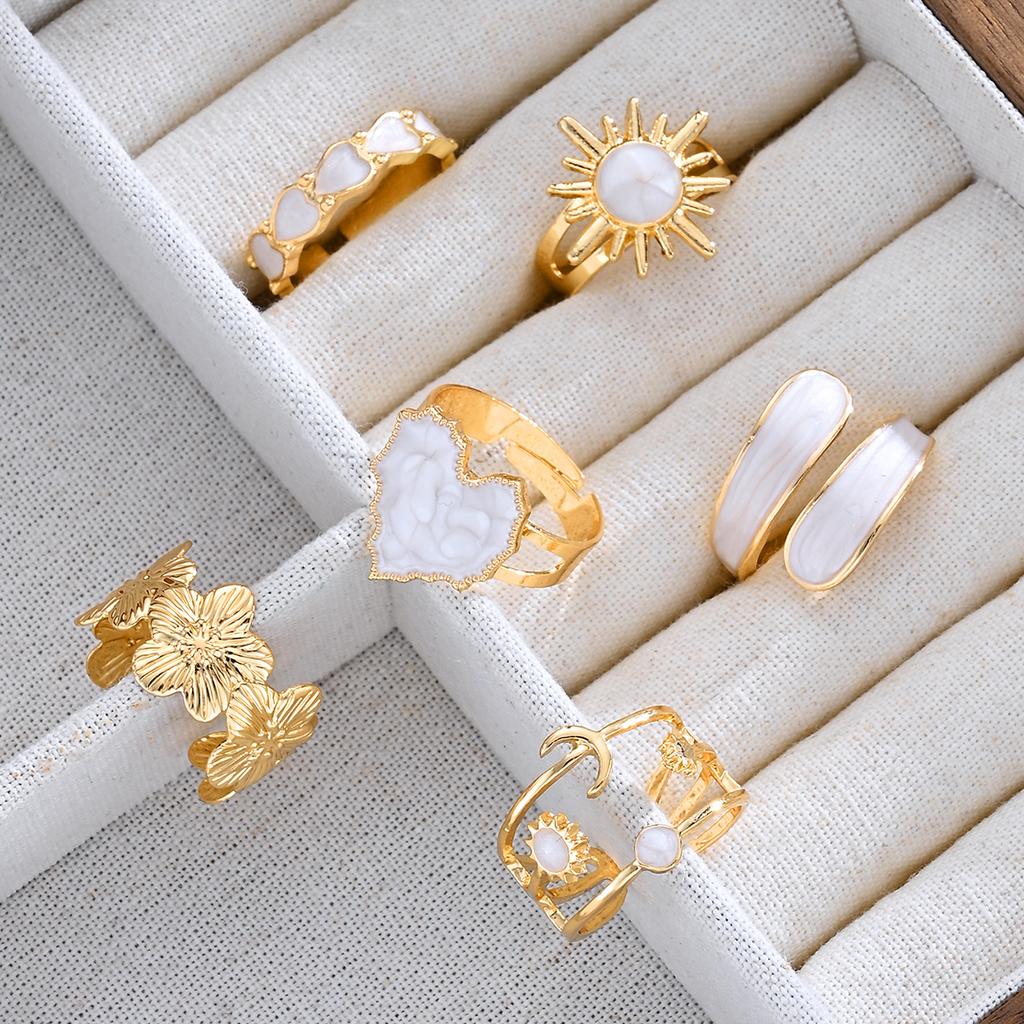IF ME 6-Piece Fashionable Heart-Shaped Sun-Moon Sunflower Geometric Irregular Glitter Drip Ring Set Women's Holiday Party Jewelry