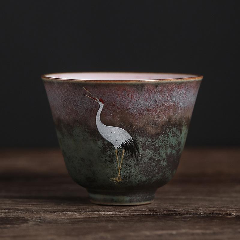 Handmade Crane Teacup Rustic Pottery Kiln Transformation Ceramic Tea Cup Gongfu Tea Set Chinese Style 70ml-100ml