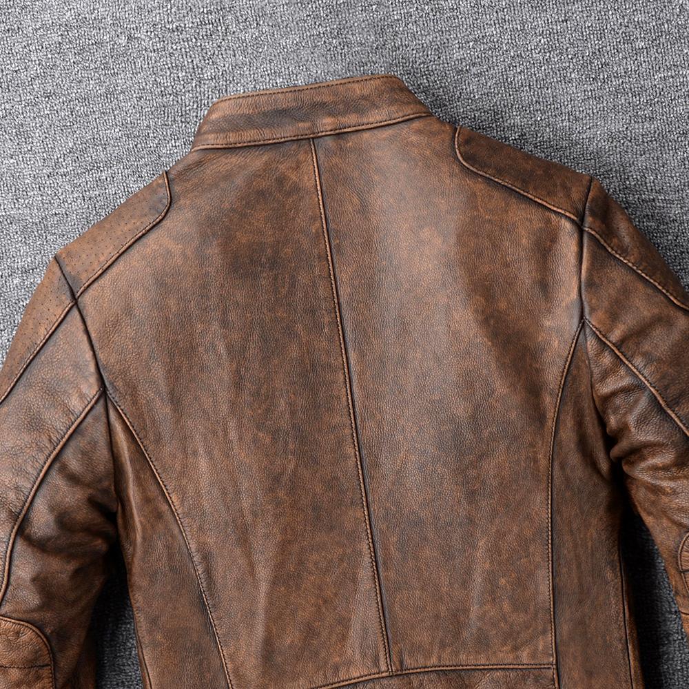 Vintage Yellow Brown Genuine Cowhide Leather Jacket Men Natural Cow Leather Jackets Soft Slim Fit Man Short Coat Autumn Clothing