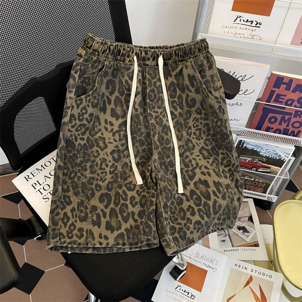 

Американские Ретро Джинсовые Шорты с Леопардовым Принтом Мужские Уличный Стиль Нишевый Свободный Дизайн Пятиточечные Шорты Миди XXXL зелёный