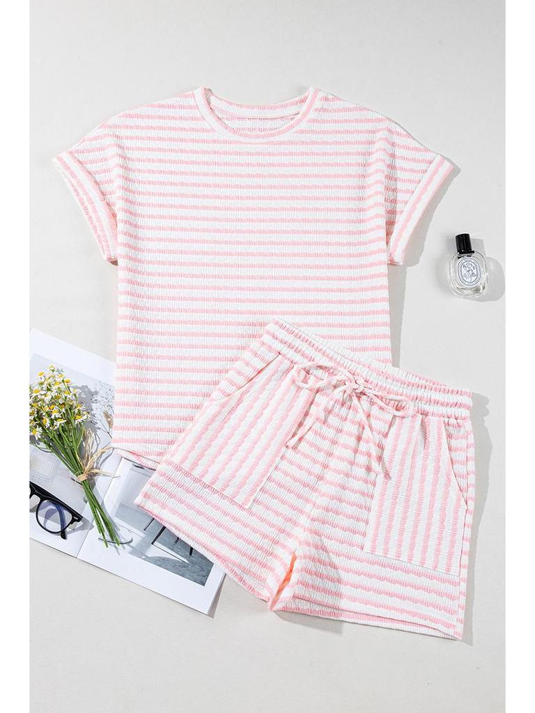 2025 Spring/Summer Women's Knit Drawstring Short-Sleeved Two-Piece Casual Set - European & American Fashion