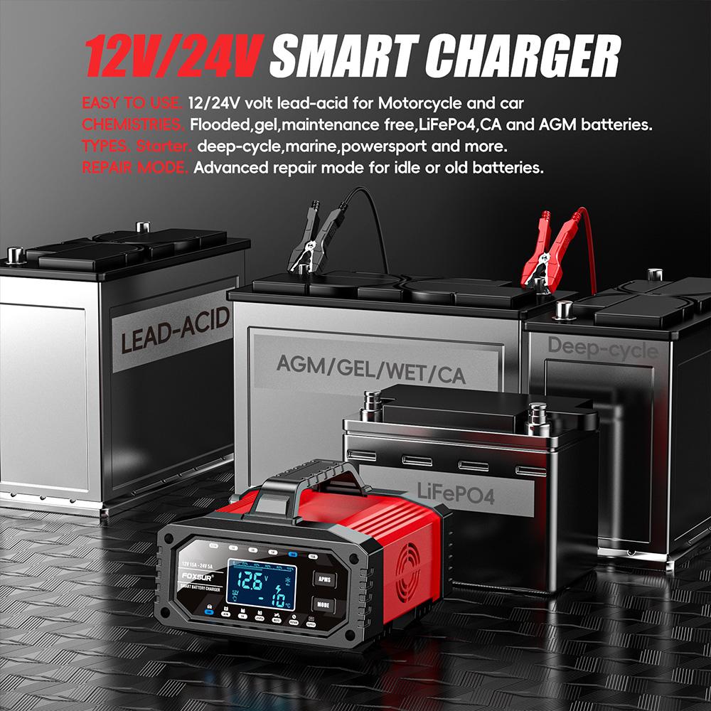 12/24V 15A Smart Battery Charger 10- Stage Charger Protect for LiFePo4 Wet Deep-Cycle Battery Usage
