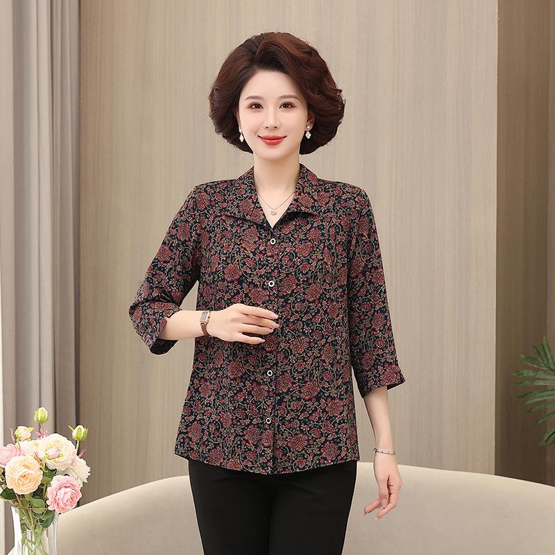 Middle-aged and Elderly Long-sleeved Shirt Women's Style Grandma's Cotton Silk Shirt Plus Size Fat Mother's Spring and Summer Loose Top