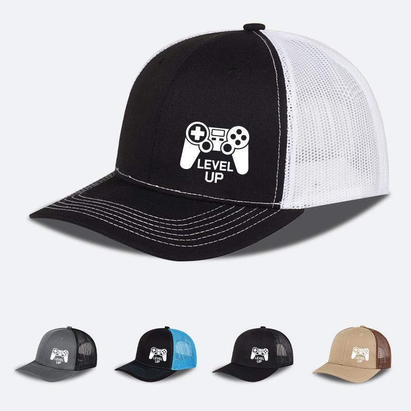 Gaming Controller LEVEL UP Printed Trucker Cap Comfortable Adjustable Snapback GamingInspired Chic Playful Style Unisex Per