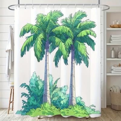 1pc Tropical Palm Tree Shower Curtain - Cute Cartoon Illustration, Modern Nordic Style, Polyester Fabric, Machine Washable