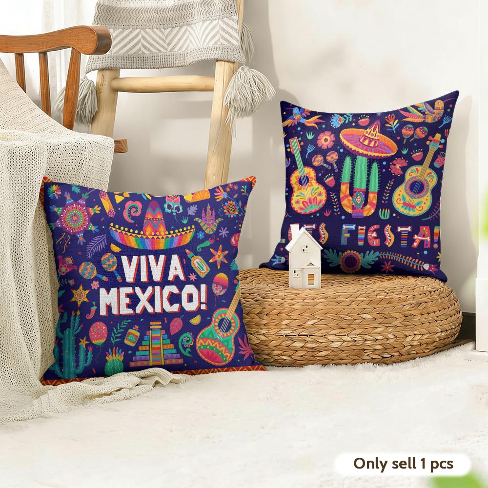 Viva Mexico Purple Cushion Cover Natural Linen Organic Fabric Double-Sided Printing Sofa Home Decor Gift Pillow Cover