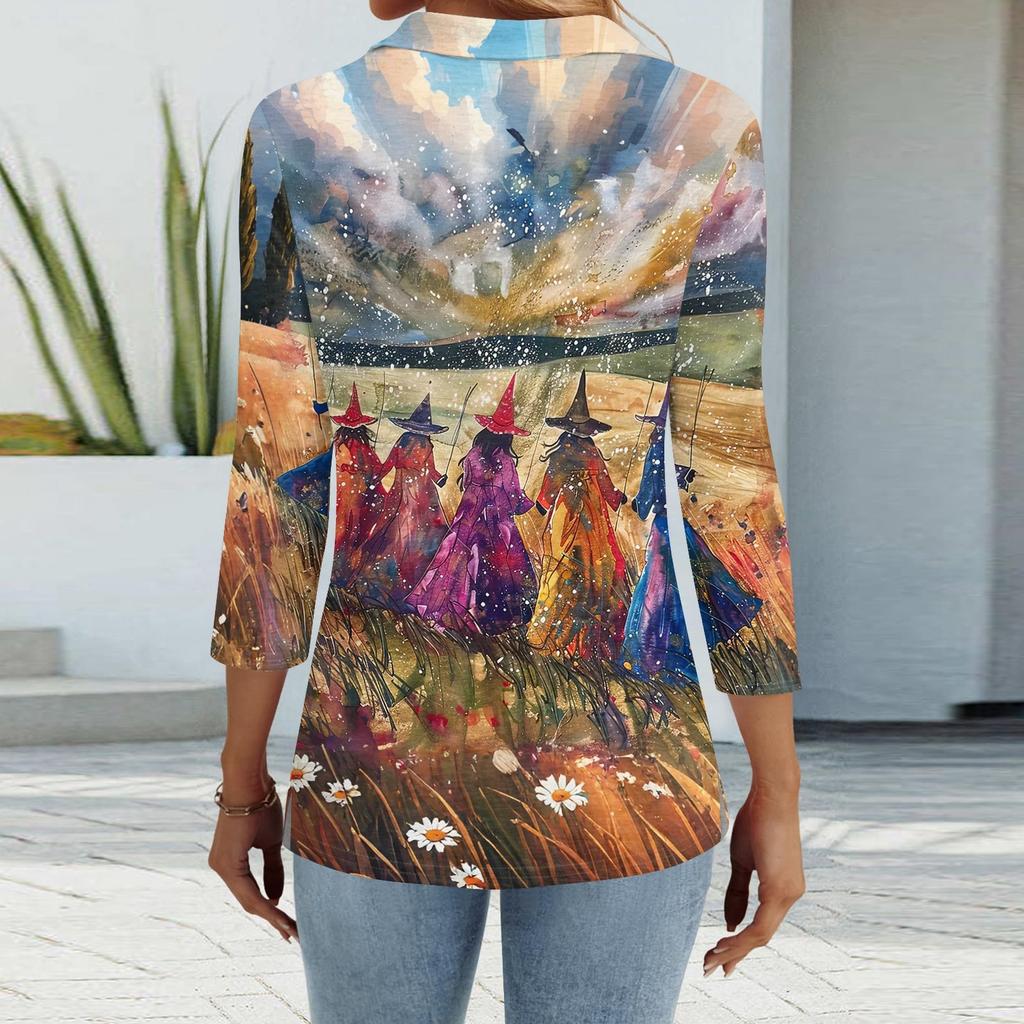 Damska Moda Casual Klapa Krótki Rękaw 3/4 Koszula z Nadrukiem Halloween Damskie Bluzki Zapinane na Guziki