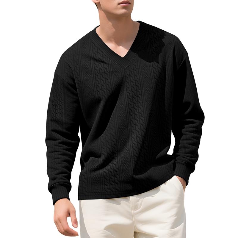 Men Vertical Cable Jacquard Textured V Neck Sweatshirt Ribbed Cuffs Long Sleeve Loose Fit Solid Color Spring Fall Daily Smart Casual Pullover Top