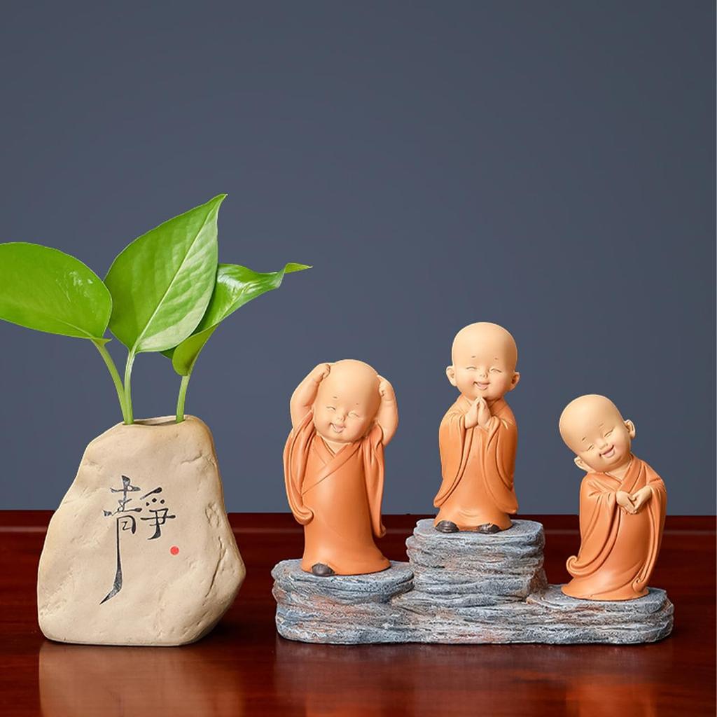 Monk Set of with Miniature Cute and Tabletop Feng Auspicious Amulets Queen-b Figurines, 3, Pedestals, Monks, Soothing, Decor, Decorative, Zen, Shui,
