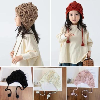 Crochet Kids Knitted Hat Hollow Flower Princess Cap Breathable Skullies Hat for Child Girls