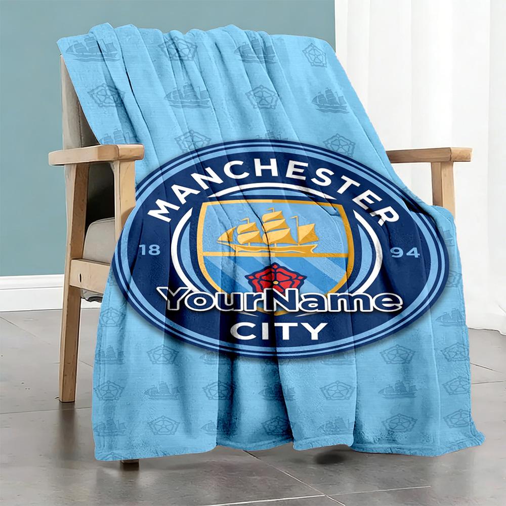 Manchester City Personalized Name Blanket Multi-purpose Customizable Blanket Soft Warm Cozy Perfect for Nap Bed Seaside Couch Four Seasons Multipurpos