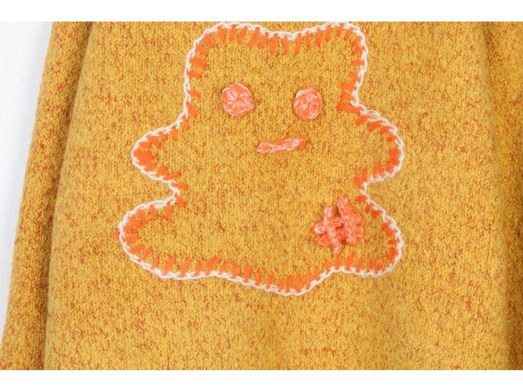 Color Block Cartoon Embroidered Knit Sweater - Women's Autumn/Winter Crew Neck Pullover with Long Sleeves