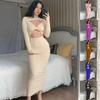 2025 European Style Sexy Slim Fit Solid Color Hollow Long Sleeve Dress for Women