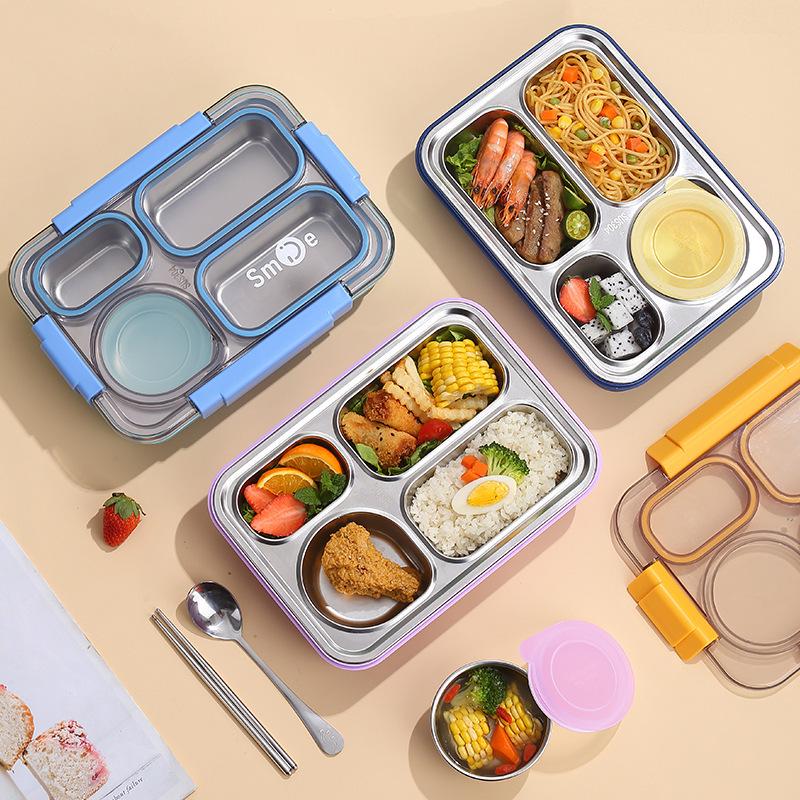 4-Compartment Stainless Steel Lunch Box with Portable Insulated Soup Cup, Microwaveable Bento Box for Office Workers.