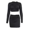 Popular European and American new women's clothing hollow long-sleeved top pleated hip-wrapped short skirt two-piece set, suit women