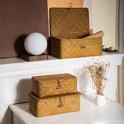 Natural Seaweed Woven Belt Covered Storage Box, Photography Props, Miscellaneous Items Sorting Basket, Desktop Storage Box
