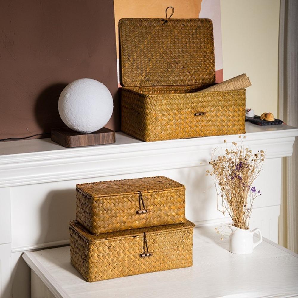 Natural Seaweed Woven Belt Covered Storage Box, Photography Props, Miscellaneous Items Sorting Basket, Desktop Storage Box