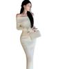 One-Shoulder Apricot Long-Sleeve Knit Dress for Women with Cinched Waist and Fishtail Skirt - A Figure-Flattering and Hip-Hugging Autumn Dress.