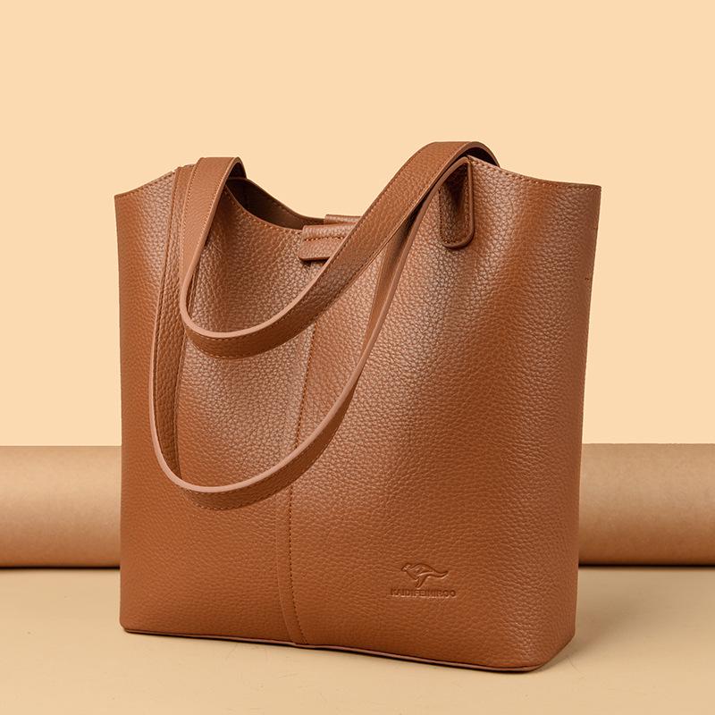 Women's Soft Leather Tote Bag - Stylish Simple Solid Color, Large Capacity, Single Shoulder for Work and Commute.