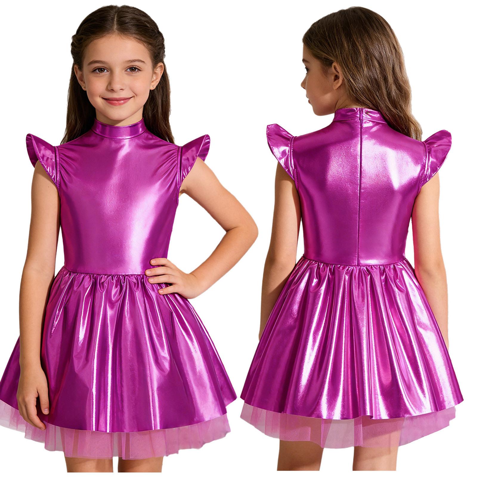 

Детское платье-костюм инопланетянина для девочек: Переливающийся Глянцевый Туту с Летающими Рукавами и Воротником-стойкой для Тематической Вечеринки и Сценического Выступления 7-8 Years